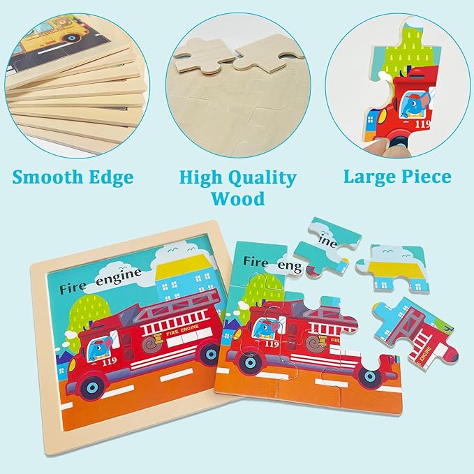 Wooden Puzzles for Toddlers 2-4, 9 Pieces Vehicle Jigsaw Puzzles for Kids Ages 3-5, Toddler Toys for 2-4 Preschool Learning Activities, Learning & Educational Toys, Gifts for Boys, Girls