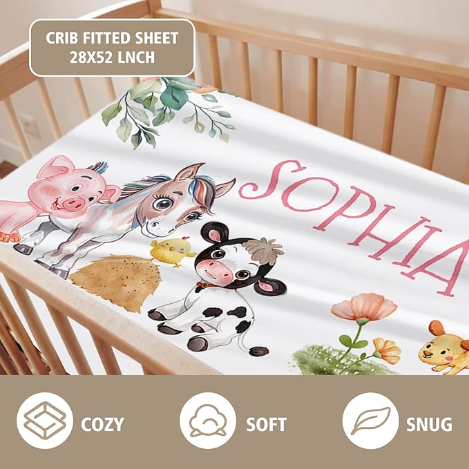Custom Name Crib Bedding Set - Animal House Design, Personalized Baby Nursery Bedding 3-Piece Set– Soft Blanket, Fitted Sheet, Changing Pad Cover – for Newborns Girls Nursery Gifts