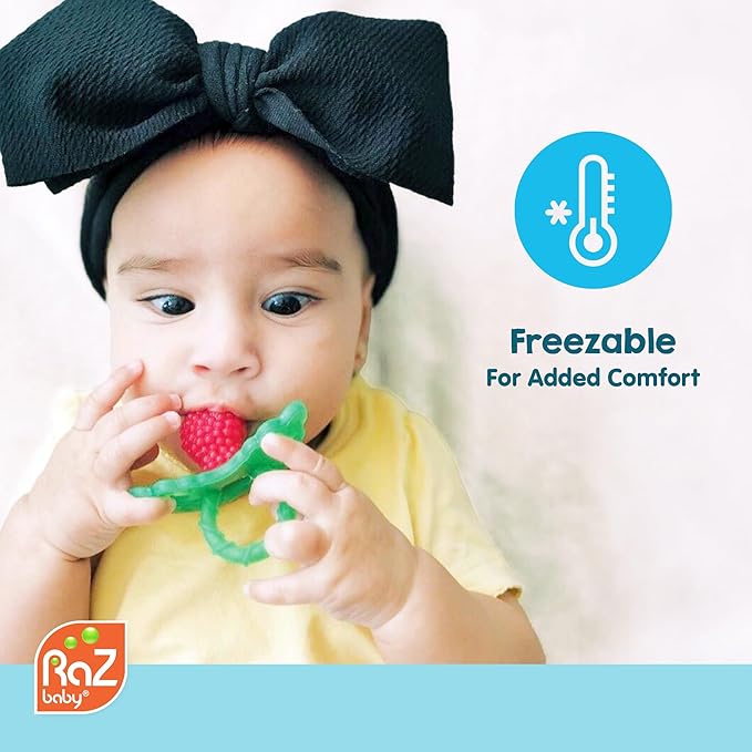RaZbaby RaZberry Silicone Teether Pacifier – Teething Relief for Infants, Food-Grade, BPA-Free, Hands-Free Design, Natural Berrybumps Fruit Texture for Sensory Development, Freezable – Pink