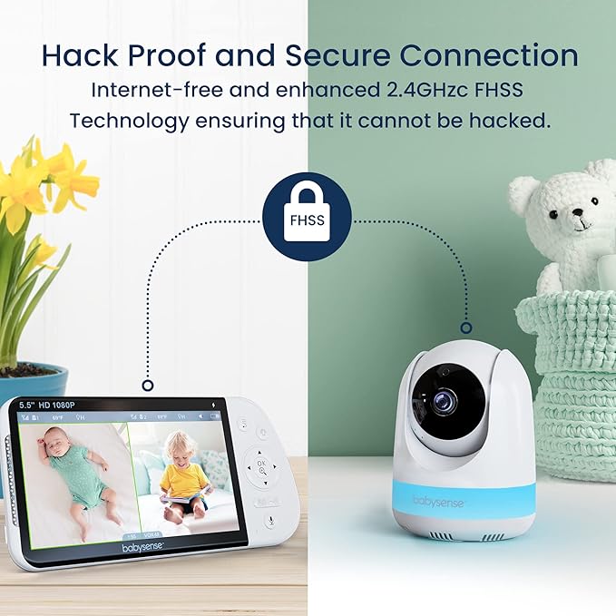 Babysense 5.5" Full-HD Split-Screen Baby Monitor, 1080p Video Baby Monitor with Camera and Audio, 3 Cameras with 6-Color RGB Night Light, 1000ft Range, Two-Way Audio, 4X Zoom, Large Battery