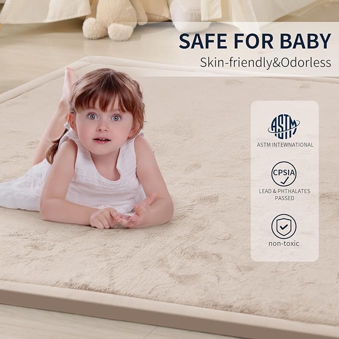 ACOMOPACK Baby Play Mat for Floor 1.3" Thick Memory Foam Play Mat 79"×157 Tummy Time Crawling with Non-Slip Bottom for Living Room,Nursery,Soft Velvet Playpen Mats for Kids,Infants(Beige)