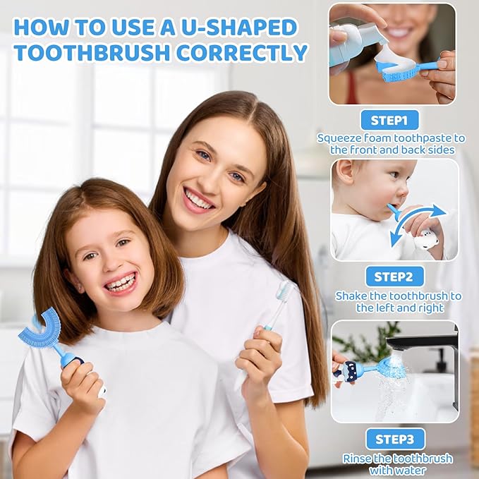 U-Shaped Toothbrush for Kids Ages 2-7, Soft Food-Grade Silicone for Sensitive Gums, 360° Teeth Cleaning Design,Training & Travel-Friendly Toddlers' Toothbrush (Blue)