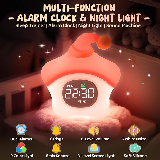 Star Alarm Clock with Night Light for Kids with Sleep Training and Sound Machine, Rechargeable Silicone Lamp OK to Wake Clock,Cute Animal Tabletop Lamp, Perfect Sleep Companion for Boys Girls, Pink
