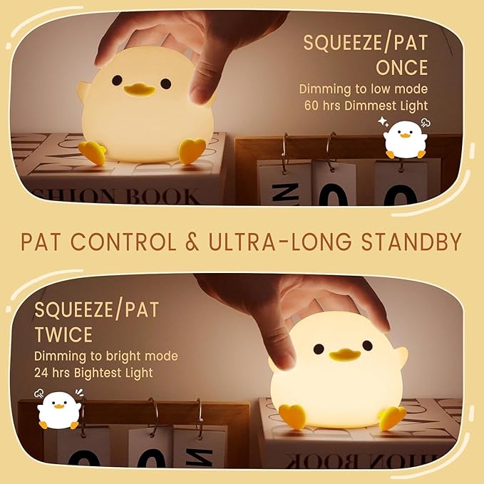 Duck Lamp, Cute Pea Duck Night Light, 2 Levels Dimmable Ducky Night Lamp, LED Squishy Animal Light for Kids Sleep, Rechargeable Bedside Touch Silicone Lamp, Unique Dorm Decor Gift Toy