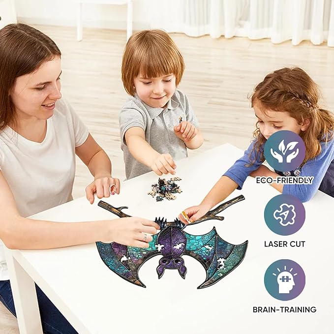 Wooden Puzzles for Adults,Stained Glass Bat Puzzles -Animal Wooden Puzzles,Unique Irregular Fun Challenging Jigsaw Puzzles Gifts,Perfect Family Games,11.2 * 10.6inch