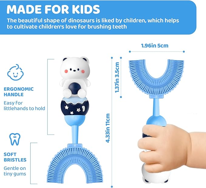 U-Shaped Toothbrush for Kids Ages 2-7, Soft Food-Grade Silicone for Sensitive Gums, 360° Teeth Cleaning Design,Training & Travel-Friendly Toddlers' Toothbrush (Blue)