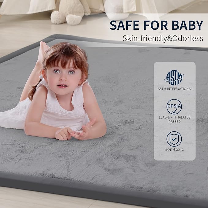 ACOMOPACK Baby Play Mat for Floor 1.3" Thick Memory Foam Play Mat 71"×79" Tummy Time Crawling with Non-Slip Bottom for Living Room,Nursery,Soft Velvet Playpen Mats for Kids,Infants(Dark Grey)