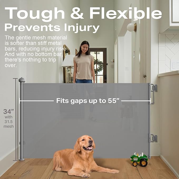Cumbor 55" Wide Retractable Baby Gates for Doorways, Mom's Choice Award - Mesh Dog Gate for The House, One-Hand Opening Safety Child Gates for Stairs, Pet Puppy Fence Indoor & Outdoor, Gray