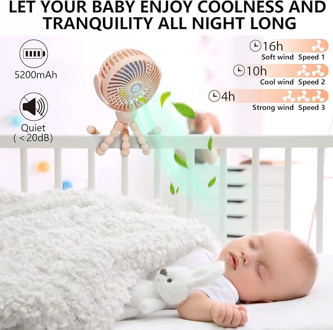 snawowo Mini Portable Baby Stroller Fan, Battery Operated Clip on Fan, Rechargeable 360° Rotate Flexible Tripod Handheld Cooling for Car Seat Crib Treadmill Travel(Pink)