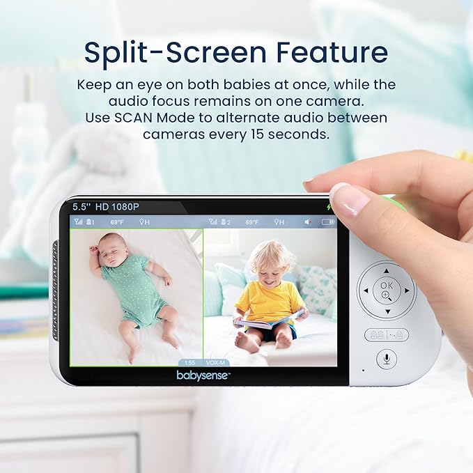 Babysense 5.5" Full-HD Split-Screen Baby Monitor, 1080p Video Baby Monitor with Camera and Audio, 3 Cameras with 6-Color RGB Night Light, 1000ft Range, Two-Way Audio, 4X Zoom, Large Battery