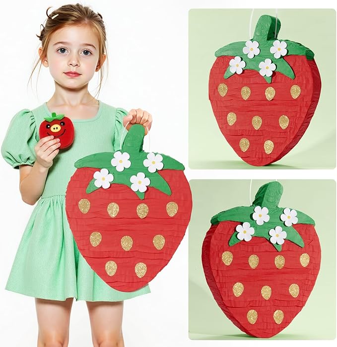 Wernnsai Red Strawberry Piñata For Kids - Strawberry Baby Shower Pinata Strawberry Birthday Party Decorations Summer Fruit Themed Party Game Supplies With Bat Blindfold 16.5" × 11.6" ×3"