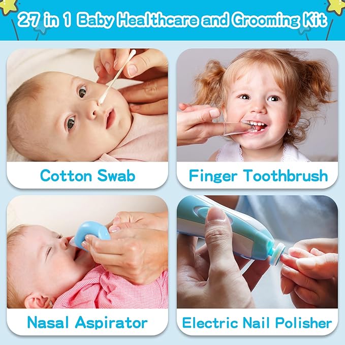 Baby Grooming Kit,Electric Safety Nail Trimmer Baby Nursery Kit,Infant Safety Care Set with Hair Brush Comb Nail Clipper Nasal Aspirator,Baby Essentials Kit for Newborn Girls Boys (21 PC-Blue Kit)