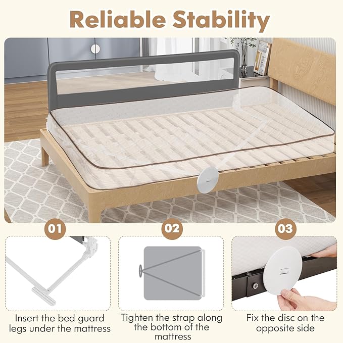 BABY JOY Bed Rails for Toddlers, 71'' Extra Long, Swing Down Bed Guard w/Safety Strap, Folding Baby Bedrail for Kids Twin, Double, Full Size Queen & King Mattress (71-Inch, Gray)