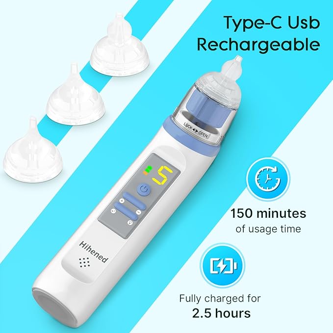 Electric Nasal Aspirator for Baby, Nose Aspirator for Toddlers, Rechargeable Baby Nose Sucker, Nose Cleaner with 3 Silicone Tips, 5 Suction Levels, Music and Light Soothing Function,Blue