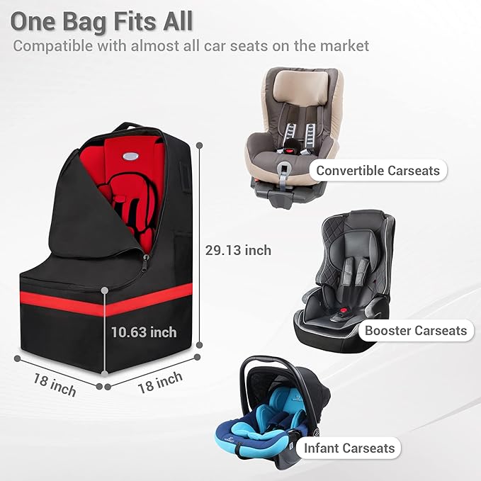 Car Seat Travel Bag - Padded, Comfortable, Durable, Roomy Gate Check Carseat Cover Backpack Fits 3-in-1,Convertible, Booster & Infant Car Seats for Airplane, Airport, Red