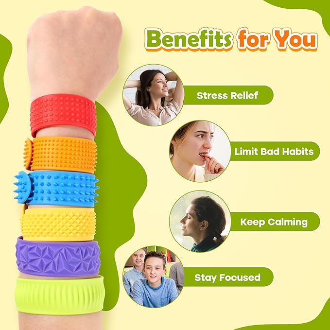 Sensory Fidget Toys Slap Bracelets: Textured Silicone Sensory Toys for Kids, Calming Tool for Special Needs, Wearable Anxiety Relief Items for Adults Office Desk, Travel Classroom Must Haves 6 Pack