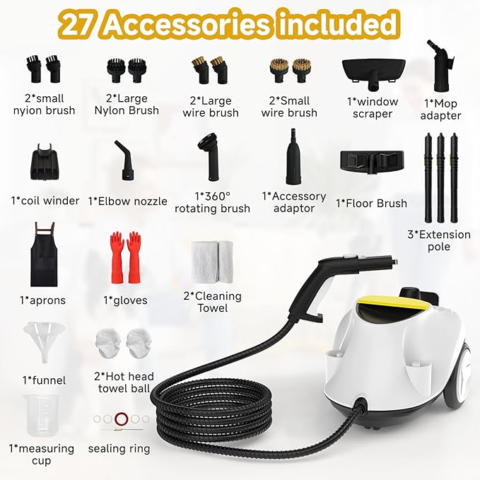 Steam Cleaner, Multipurpose Portable Canister Steamer,Portable Steam Cleaner with 27Accessories, 3 Minutes Fast Heating,for Floors, Windows,Mirrors,kitchens, Glass,Grout and Cars (White)