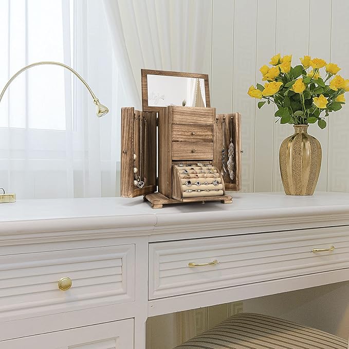 Jewelry Box for Women, Rustic Wooden Jewelry Boxes & Organizers with Mirror, 4 Layer Jewelry Organizer Box Display for Rings Earrings Necklaces Bracelets (Rustic Brown)