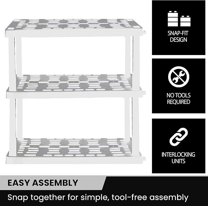 Oskar Storage Shelves - Bathroom Wall Organizer, Kids Room Toys Book Shelf, No Drill Heavy Duty, Kitchen Closet Garage Outdoor 3 Tier Stackable Plastic Shelving Unit
