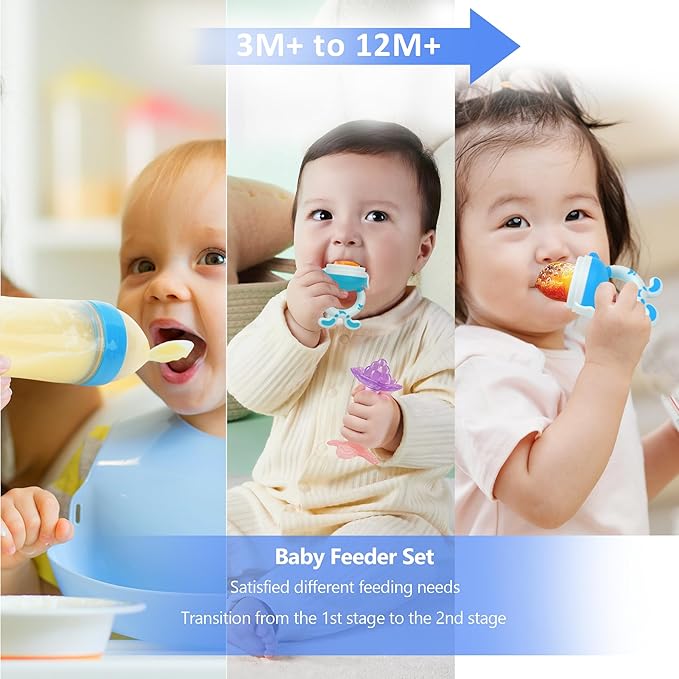 WAJIAYON Baby Fruit Feeder Pacifier | 2 Infant Food Feeder Pacifier & Baby Food Dispensing Spoon | Mesh Fresh Fruit Teethers for Babies Teething Feeders | Shower Gifts for Boys and Girls (Blue)