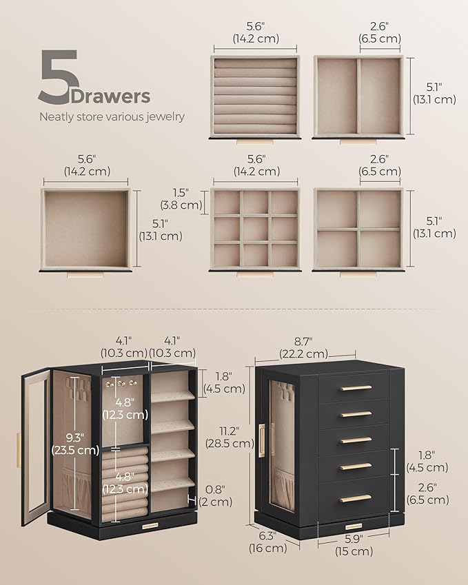 SONGMICS Jewelry Box 360°Rotating, Jewelry Storage Case with 5 Drawers, Jewelry Organizer, Glass Window, Spacious, Vertical Jewelry Storage, Open Design, Great Gift, Graphite Black UJBC170B01