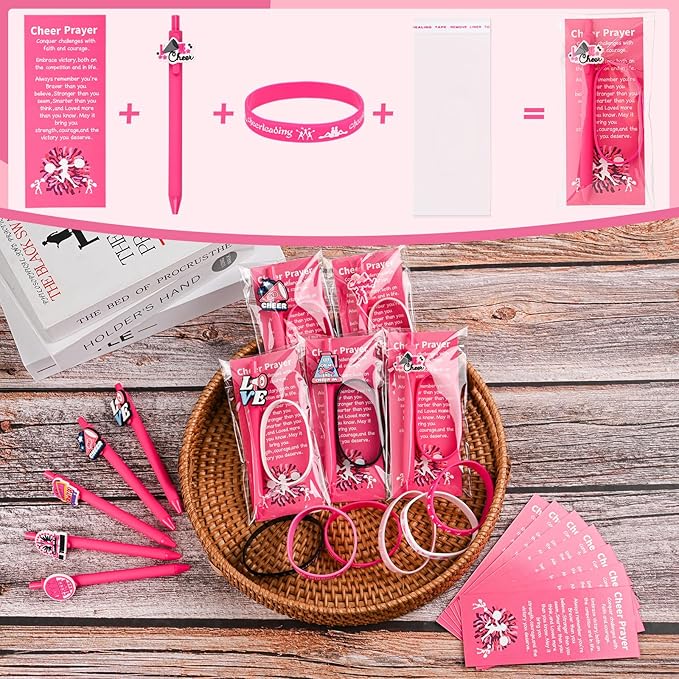 LiYiQ 72 Pcs Cheerleader Party Favors Cheerleader Team Gifts Cheerleader Goodie Bags Stuffers Cheerleader Ballpoint Pens Bookmark Card and Silicone Bracelet