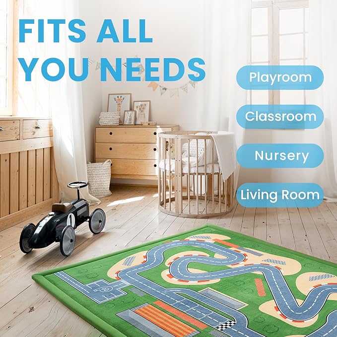 Kids Play Rug, 1.3" Thickened Knee Protection Playmat 39"×59" Car Mat for Track Racing Non-Slip Educational Activity Mat Toddler Rugs for Play Area