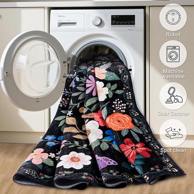 Runner Rug for Entryway: 2x10 Kitchen Rugs Non Slip Washable Ultra-Thin Soft Floral Carpet Indoor Floor Stain Resistant Carpets for Hallway Bedroom Kitchen Laundry Bathroom Dorm Black