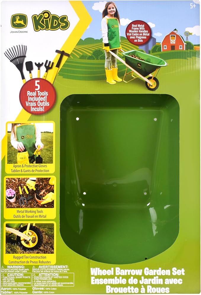 John Deere Deluxe 34" Wheelbarrow and Garden Set Includes 5 Realistic Gardening Tools,Gardening Apron, Gardening Gloves, Large Metal Wheelbarrow with Wooden Handles, Outdoor Toy Ages 5+