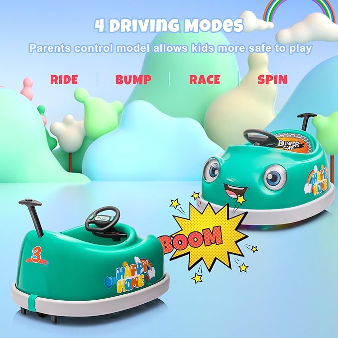 12V Dual Battery Electric Ride on Kids Bumper Car w/Remote Control,360 Degree Spin,Push Rod Rocker Horse Function,3-Speeds Babies & Toddlers Bumping Car Ride on Toy Gift for 1-4 Years Children(Green)