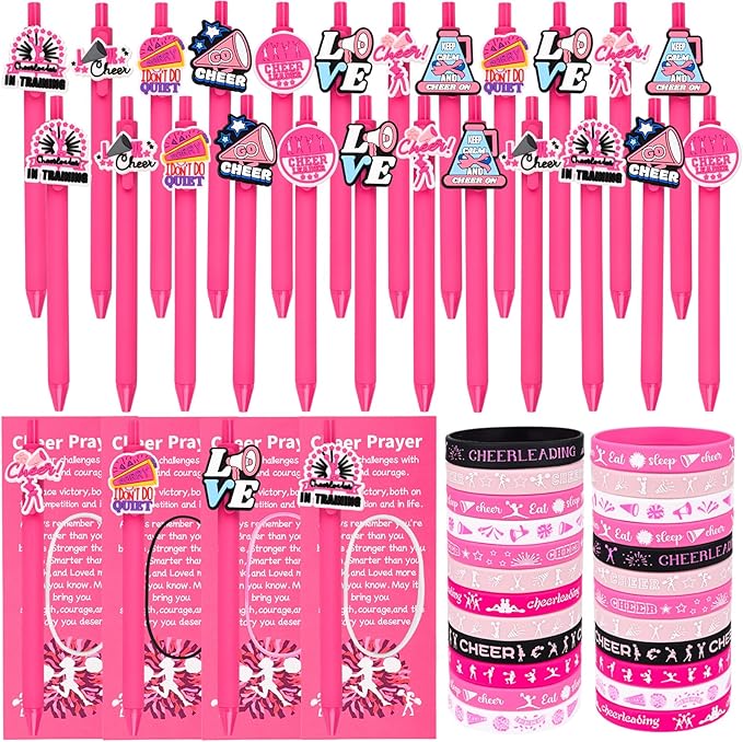 LiYiQ 72 Pcs Cheerleader Party Favors Cheerleader Team Gifts Cheerleader Goodie Bags Stuffers Cheerleader Ballpoint Pens Bookmark Card and Silicone Bracelet