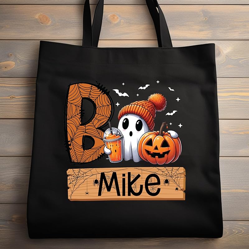 Personalized Trick or Treat Bags Custom Name Halloween Canvas Tote Bags for Kids Pumpkin Ghost Boo Bag Halloween Tote Bags for Girls and Boys Reusable Candy Totes 15" x 16"