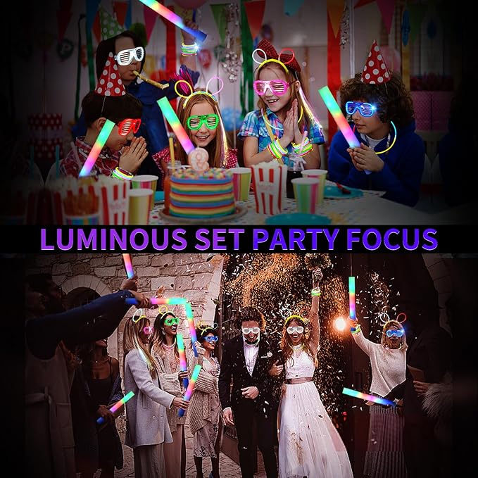 272 PCs Glow Party Supplies, 24 Foam Glow Sticks, 24 LED Glasses and 200 Glow Sticks & Bracelets, 12 Glow sticks headband 12 Fiber Optic Hair Light,Glow Neon Party Favors for Wedding, Concert, Raves