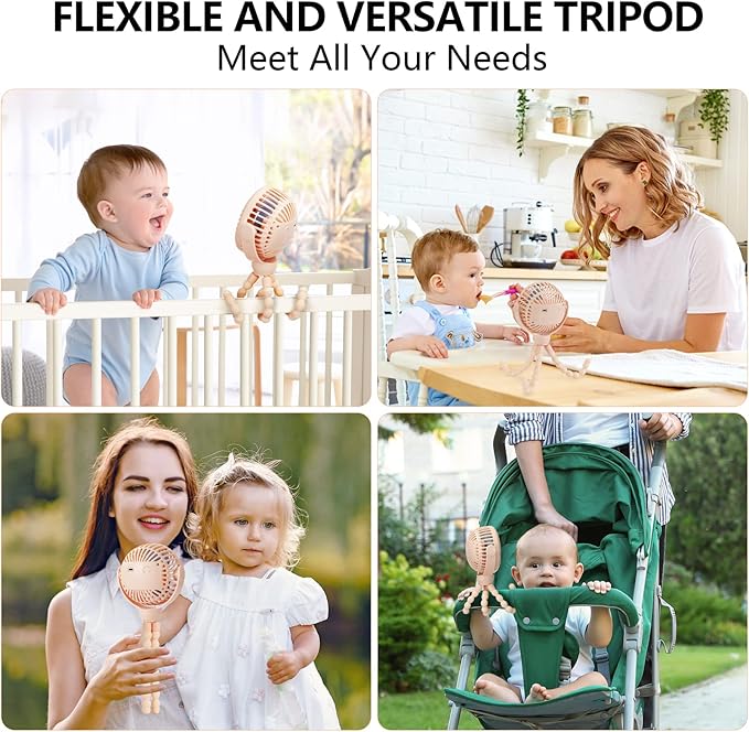 snawowo Mini Portable Baby Stroller Fan, Battery Operated Clip on Fan, Rechargeable 360° Rotate Flexible Tripod Handheld Cooling for Car Seat Crib Treadmill Travel(Pink)