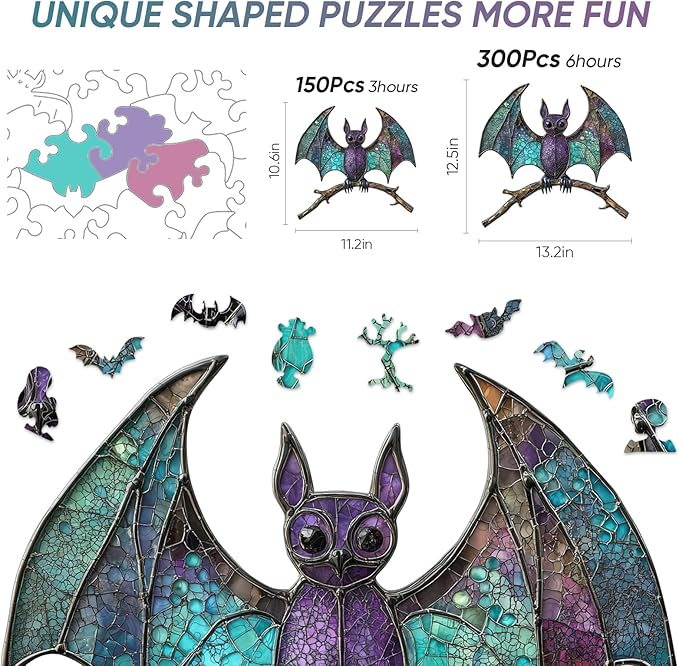Wooden Puzzles for Adults,Stained Glass Bat Puzzles -Animal Wooden Puzzles,Unique Irregular Fun Challenging Jigsaw Puzzles Gifts,Perfect Family Games,11.2 * 10.6inch