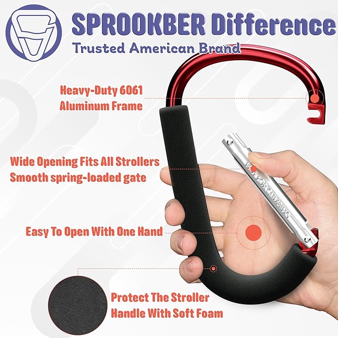 sprookber 6.7 Inch Large Stroller Hooks for Diaper Bags & Purses, Heavy Duty Mommy Hooks for Shopping, Grocery, Backpack – Baby Stroller Accessories, Set of 2 (Red)