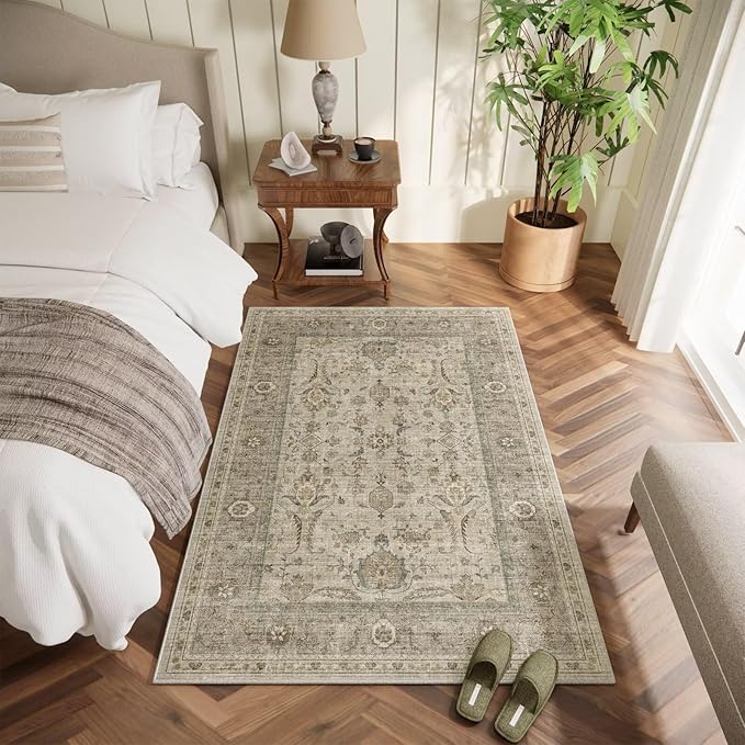Washable 4x6 Rugs for Living Room, Boho Non-Slip Silicone Backing Small Rugs for Bedroom Nursery Office, 0.3" Neutral Oriental Throw Carpet with 0.16" Cushioning Pad, Light Brown/Multi