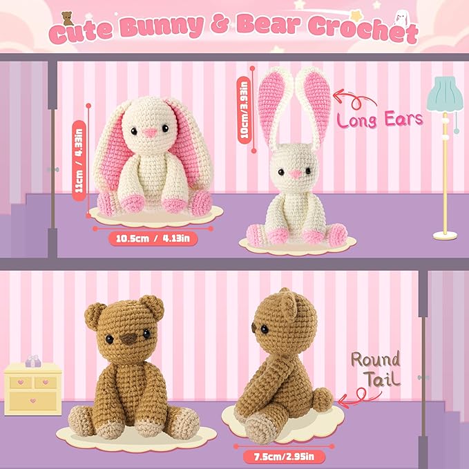 Crochet Kit for Beginners, Bunny and Bear Crochet Animal Kit with Step-by-Step Video Tutorials, Crocheting Kit for Starters, Beginner Crochet Kit for Kids and Adults, DIY Stuffed Animal Knitting Kit