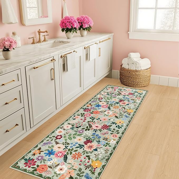 Runner Rug for Entryway: 2.6x8 Kitchen Rugs Non Slip Washable Ultra-Thin Soft Floral Carpet Indoor Floor Stain Resistant Carpets for Hallway Bedroom Kitchen Laundry Bathroom Dorm Green