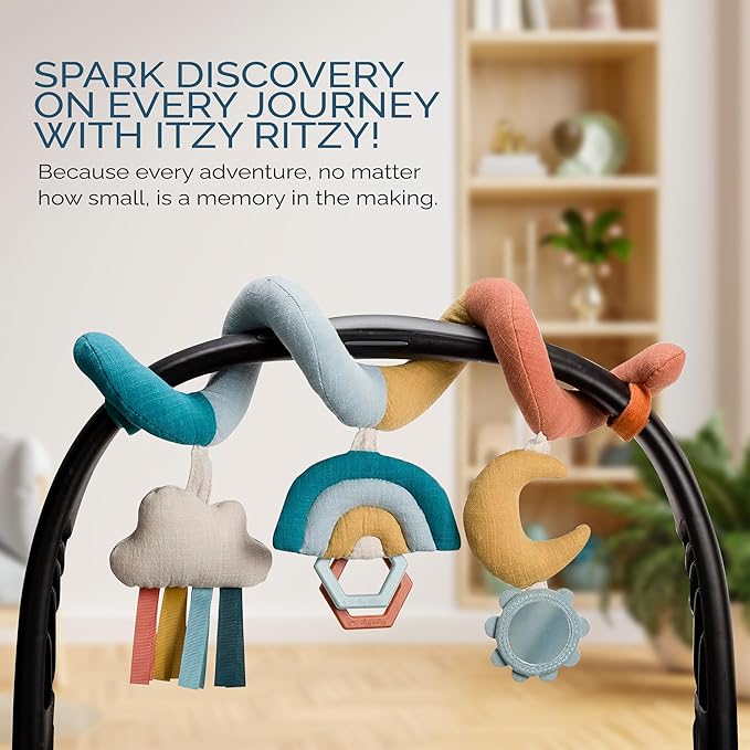 Itzy Ritzy Spiral Car Seat & Stroller Activity Toy - Stroller & Car Seat Toys for Ages 0 Months and Up - Hanging Toys Include Clinking Rings, Mirror and Textured Ribbons (Rainbow)