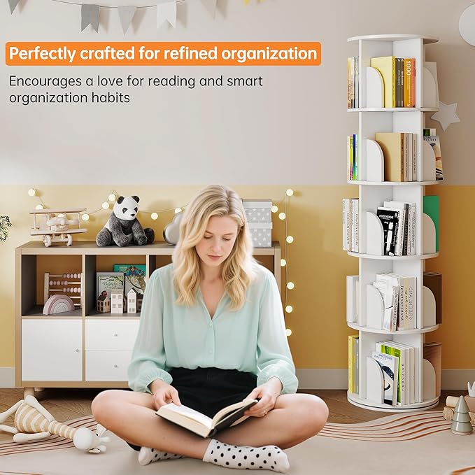 Rotating Bookshelf 5 Tier, 360 Degree Spinning Corner Bookcase with Lazy Susan, White Space Saving Tower Organizer for Small Spaces, Bedroom, Living Room, Adults