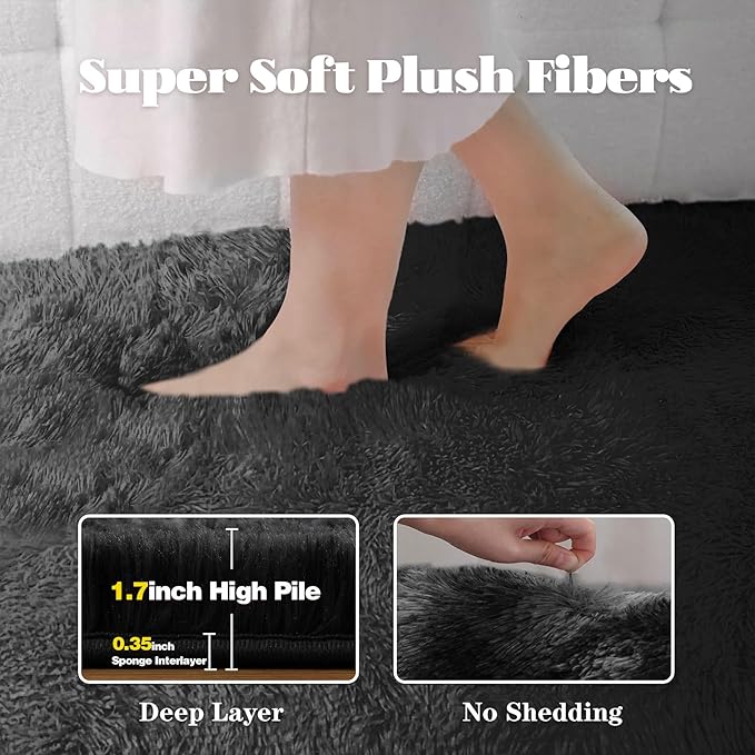 4FT Round Rug for Bedroom: Fluffy Shag Soft Washable Rugs Circle Small Fuzzy Plush Indoor Carpet for Living Room Nursery Playroom Dorm Kids Girls Boys Room (Black, 4'x4')