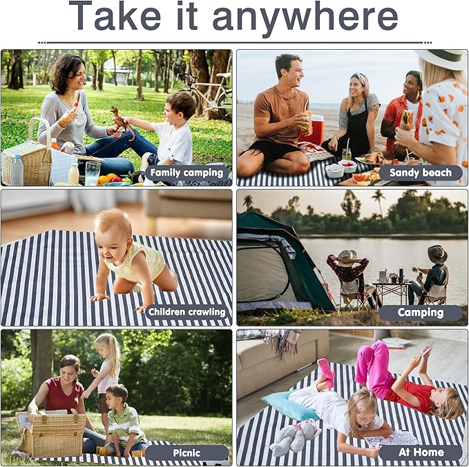 Picnic Blankets 80" x 60" Extra Large Outdoor Blanket Sand Free Foldable with Carry Strap for Beach, Camping, Park Grass, Hiking, Travel, Concerts, Indoors