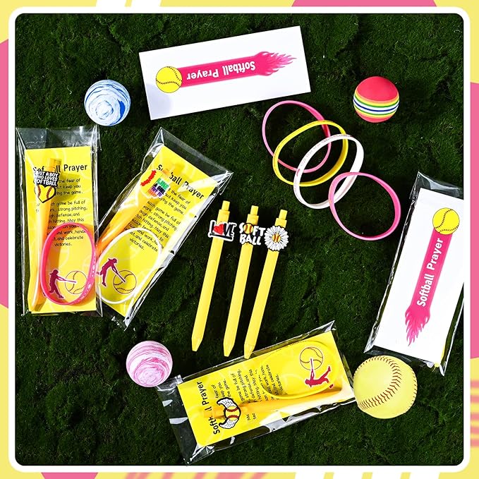 LiYiQ 72 Pcs Softball Party Favors Softball Team Gifts Softball Goodie Bags Stuffers Softball Ballpoint Pens Bookmark Card and Silicone Bracelet