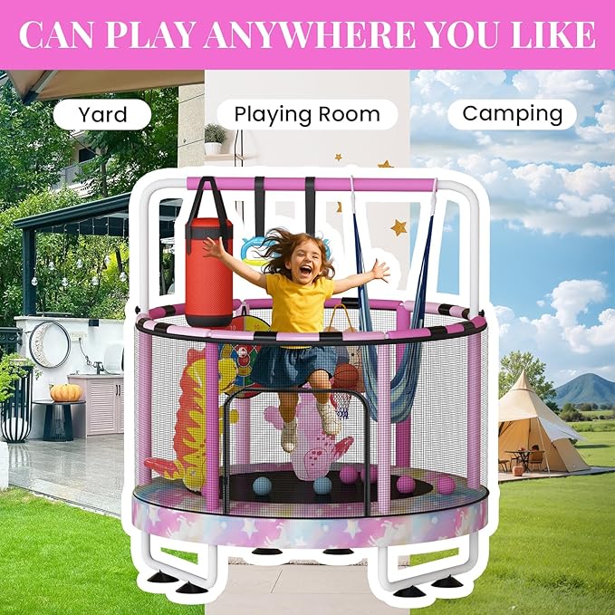 LAMERGE 55" 7-in-1 Round Trampoline for Kids Boys & Girls Ages 1-8, Indoor & Outdoor Trampoline for Fun, Adjustable Height Handrail & Enclosed Safety Net & Durable Designs for Toddlers Children
