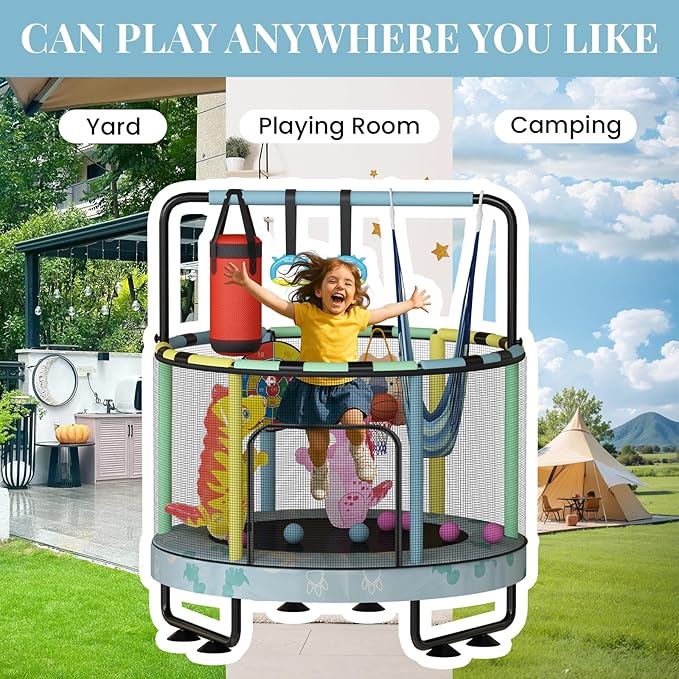 LAMERGE 55" 7-in-1 Round Trampoline for Kids Boys & Girls Ages 1-8, Indoor & Outdoor Trampoline for Fun, Adjustable Height Handrail & Enclosed Safety Net & Durable Designs for Toddlers Children