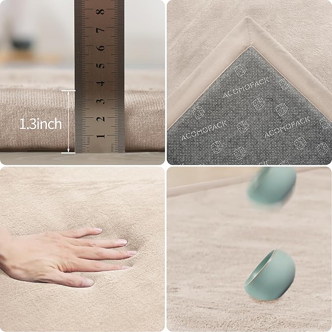 ACOMOPACK Baby Play Mat for Floor 1.3" Thick Memory Foam Play Mat 79"×157 Tummy Time Crawling with Non-Slip Bottom for Living Room,Nursery,Soft Velvet Playpen Mats for Kids,Infants(Beige)