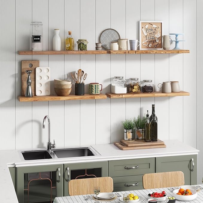 Rustic Elm Wood Floating Shelf for Wall, Live Edge 48"W x 9.2"D x 1.4"H, 1 Pack with Invisible Bracket, Large Wall Mounted Storage Shelf for Living Room Bedroom Kitchen Bathroom Decor, Natural Finish