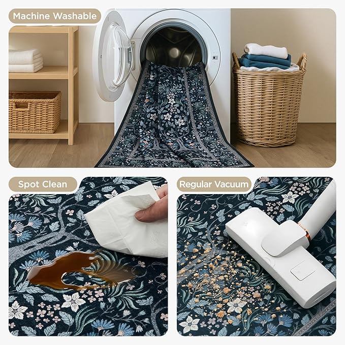 Joydeco Floral Washable Runner Rug for Kitchen, Forest Hallway Rug Runner 2x6 Non Slip, Boho Botanical Ultra-Thin Soft Indoor Floor Throw Carpet for Bathroom Entryway Foyer, Blue-Black