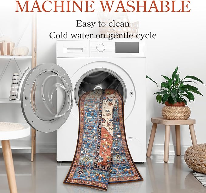 Lahome Boho Washable 3Ft Round Area Rug, Non-Slip Throw Untra-Thin Small Round Carpet, Oriental Vintage Distressed Circle Rug for Bathroom Bedroom Kitchen Office Sofa, 3x3/Rust